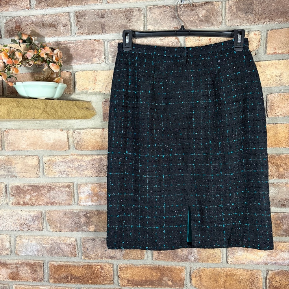 CHADWICK’S Vintage Woven Tweed Black & Teal Blazer and Skirt Set - Picture 10 of 16